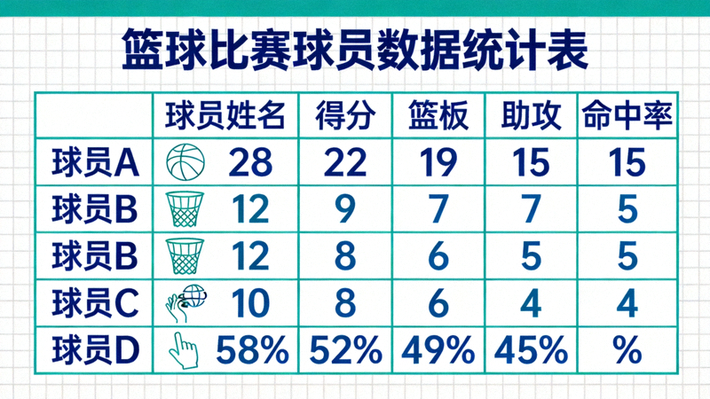 篮球比赛数据分析图表，显示球员得分、篮板、助攻和命中率等统计数据