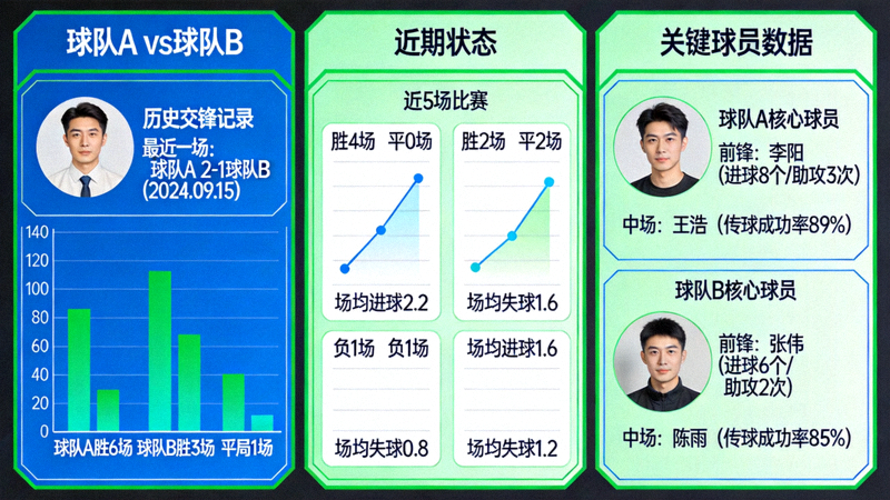两支足球队的数据对比图表，包括历史交锋记录、近期状态和关键球员数据