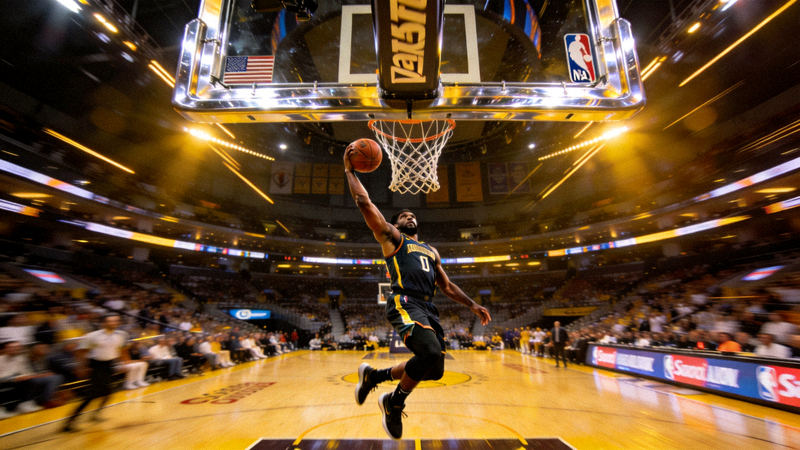 NBA比赛现场，球员在篮下准备投篮