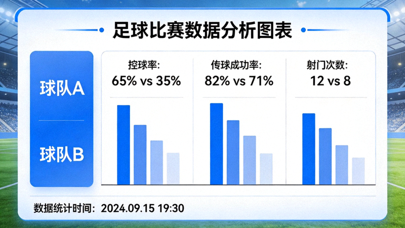 足球比赛数据分析图表，显示球队控球率、传球成功率和射门次数等统计数据